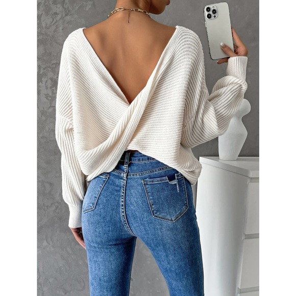 Minimalist Twist Back Drop Shoulder Boat Neck Sweater backless - Picture 3 of 11